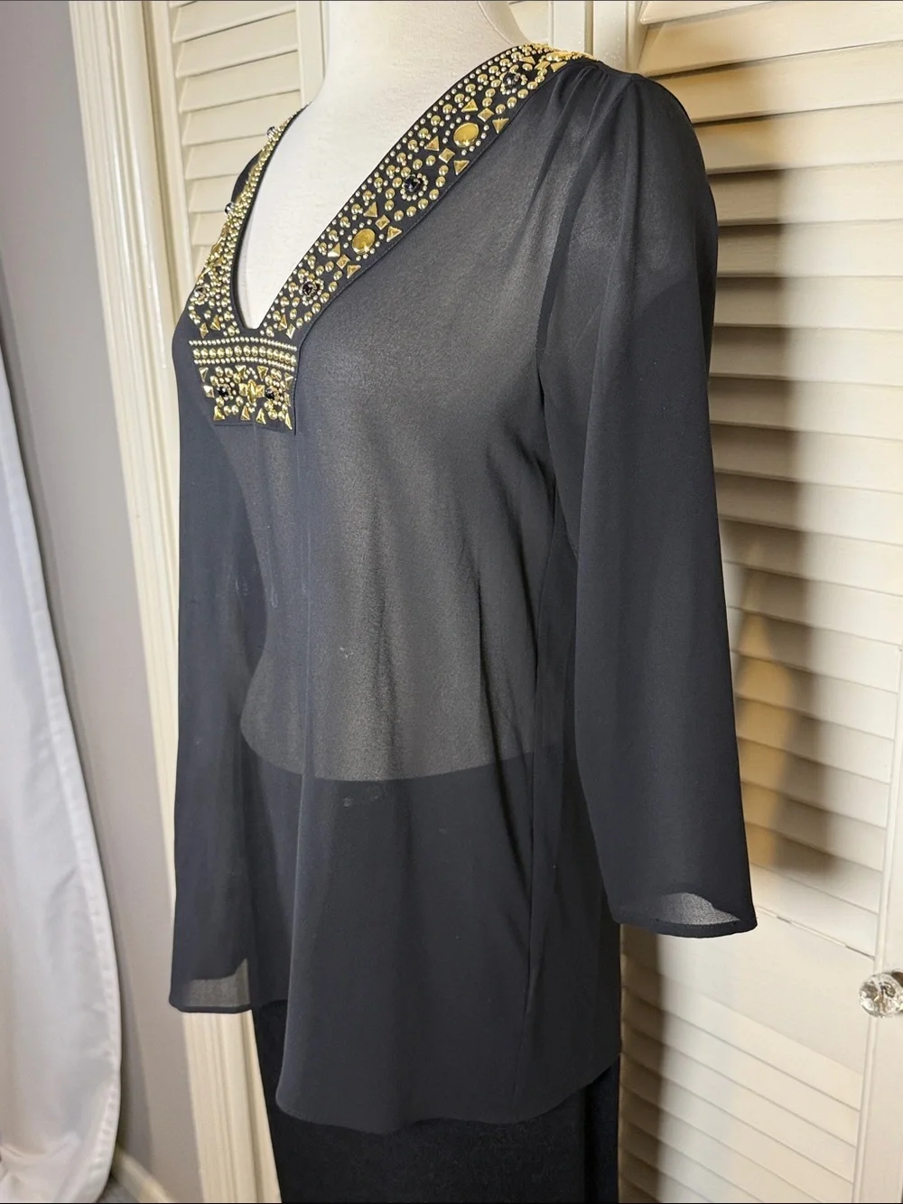 Michael Kors Beaded V-Neck Chiffon Tunic Top Black Gold Studded Sheer Blouse S